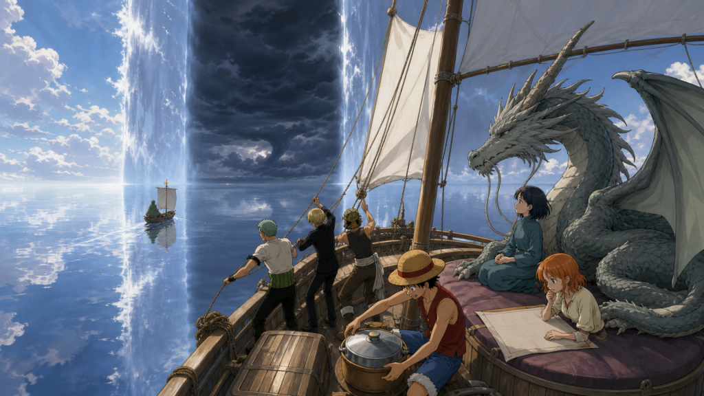 The Going Merry carries Ryu and Apis toward a mirror-smooth sea passage with a storm beyond as Eric follows at a distance