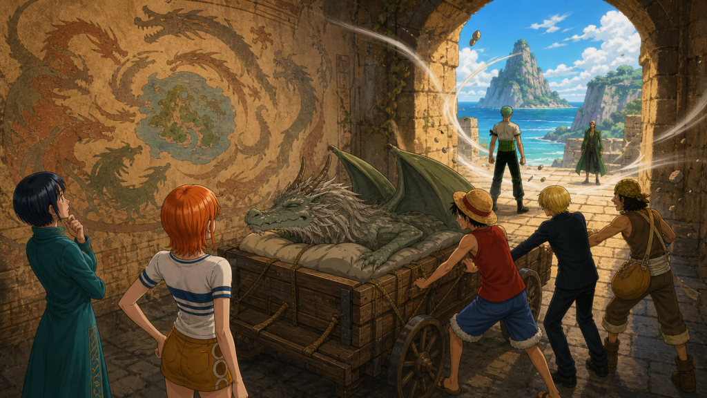 Ryu rests in a padded cart beside a dragon mural while the crew evacuates and Zoro blocks Eric at the ruins entrance
