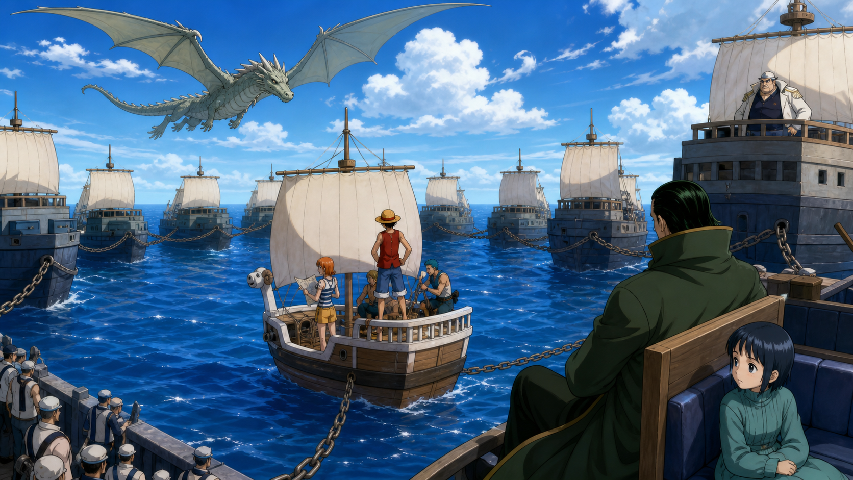 The Going Merry sits inside Nelson’s chained fleet as Apis is protected in Eric’s boat and elderly Ryu rises into a careful glide