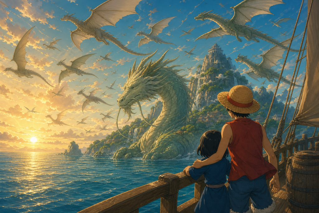 Millennium Dragons fill the sunrise sky above Warship Island while Luffy protects Apis and elderly Ryu rests peacefully at the waterline