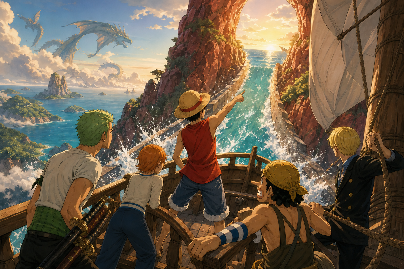 The Going Merry climbs the rushing canal of Reverse Mountain while the five East Blue crewmates look toward the Grand Line and distant dragons fade behind them