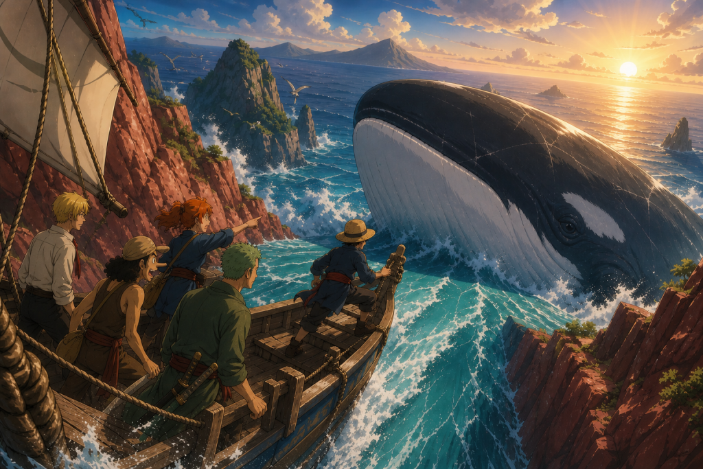 The Going Merry races from Reverse Mountain toward the enormous island whale Laboon as the five East Blue crewmates brace for the impossible Grand Line encounter
