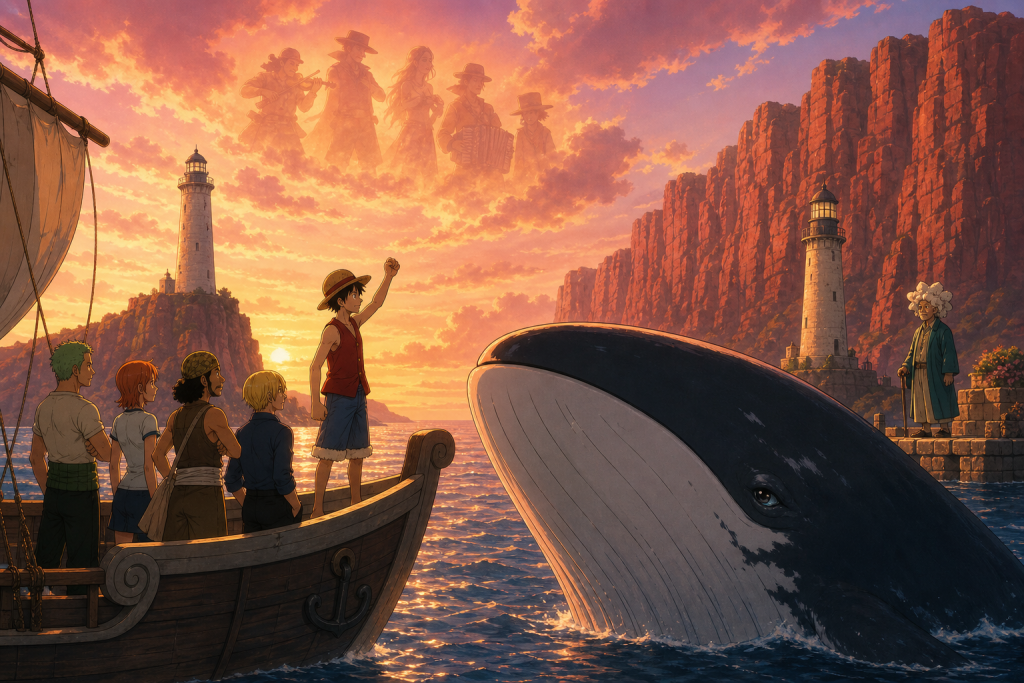 Luffy raises a fist from the Going Merry toward Laboon at the golden Twin Capes while the crew, Crocus, and a warm memory of traveling musicians witness the promise