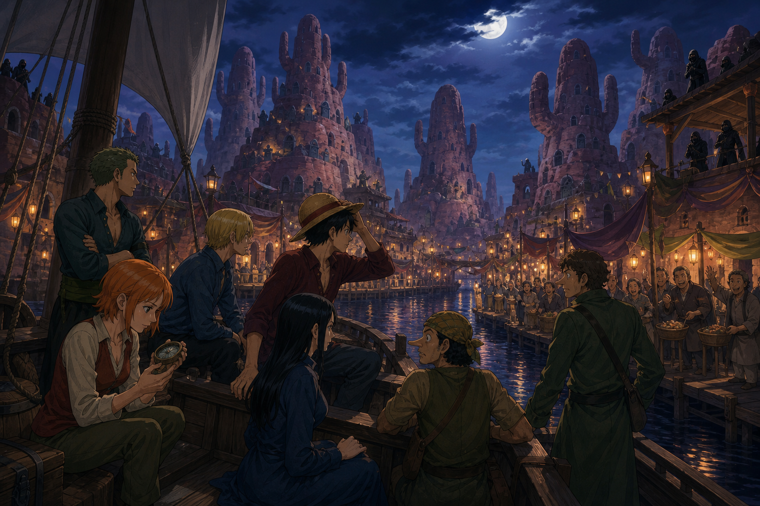 The Straw Hats arrive with Mr. 9 and Miss Wednesday at a lantern-lit Whiskey Peak harbor where festive townspeople conceal coordinated watchers among cactus-shaped towers