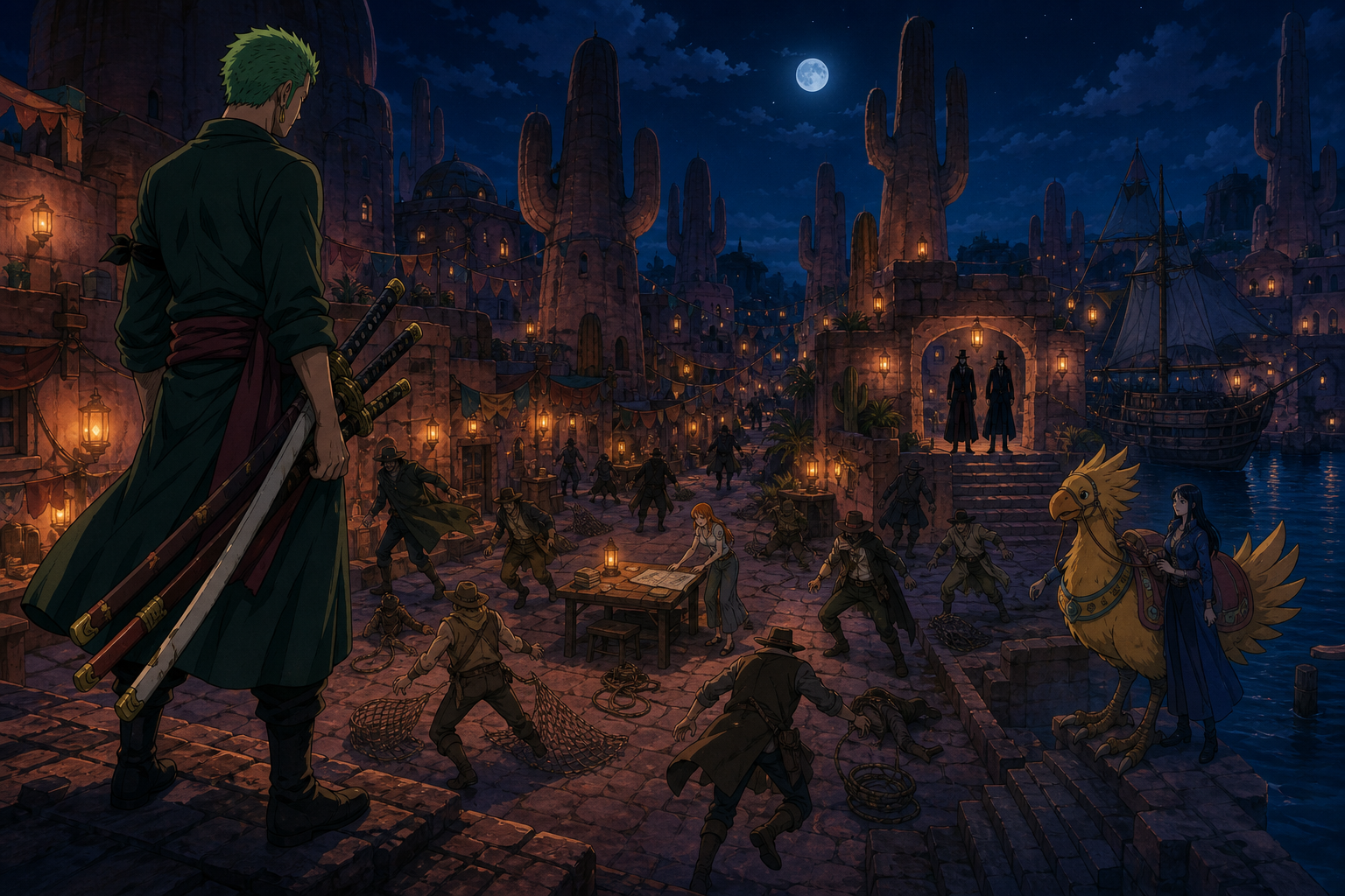 Zoro surveys the exposed Whiskey Peak trap from a rooftop while bounty hunters retreat, Nami secures records, Karoo arrives, and two senior agents enter the moonlit town