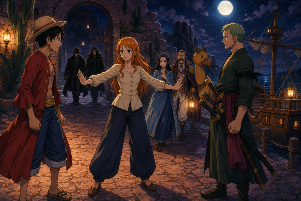 Nami stands between Luffy and Zoro in moonlit Whiskey Peak while Vivi, Igaram, Karoo, and defecting agents face the senior Baroque Works threat approaching behind them