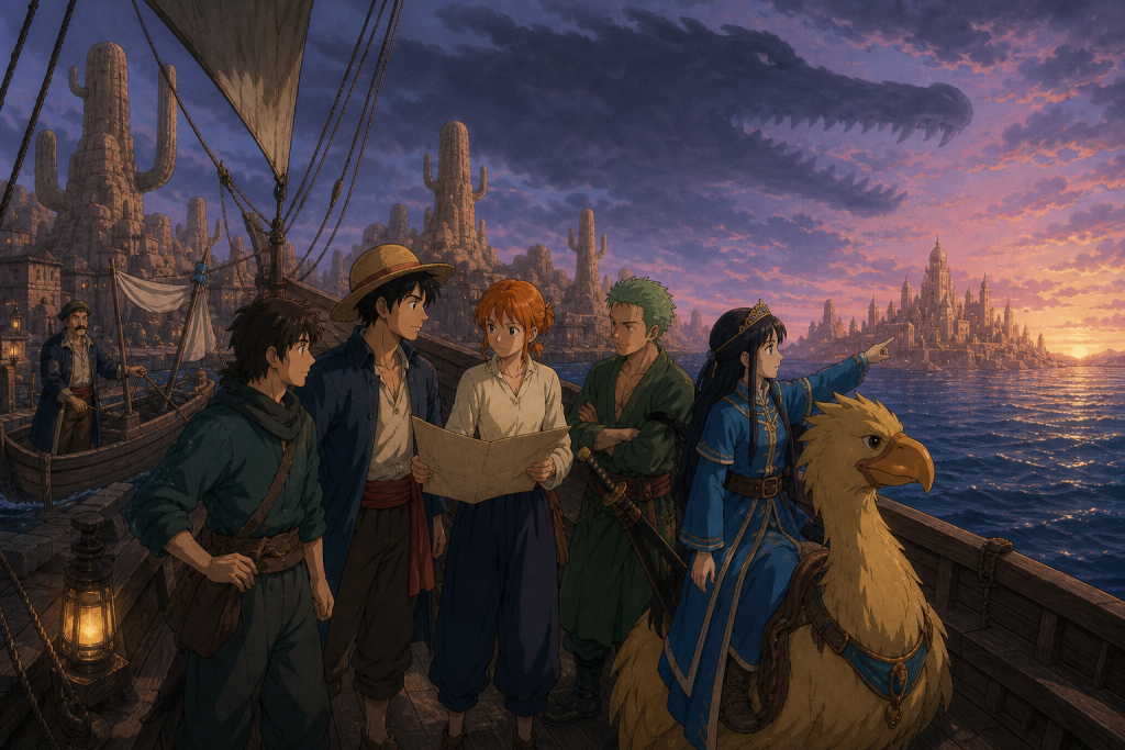 The Straw Hats depart Whiskey Peak at predawn with Vivi and Karoo while Nami holds the route chart, Igaram prepares a decoy boat, and a crocodile-shaped storm suggests the hidden threat ahead