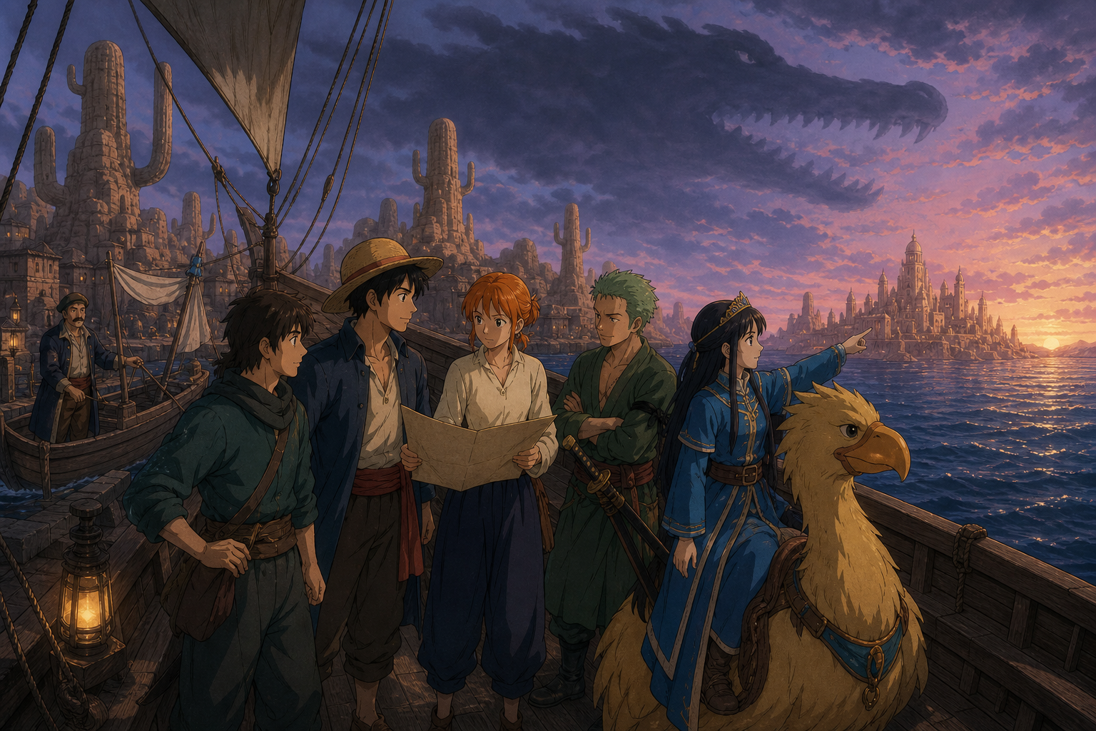 The Straw Hats depart Whiskey Peak at predawn with Vivi and Karoo while Nami holds the route chart, Igaram prepares a decoy boat, and a crocodile-shaped storm suggests the hidden threat ahead
