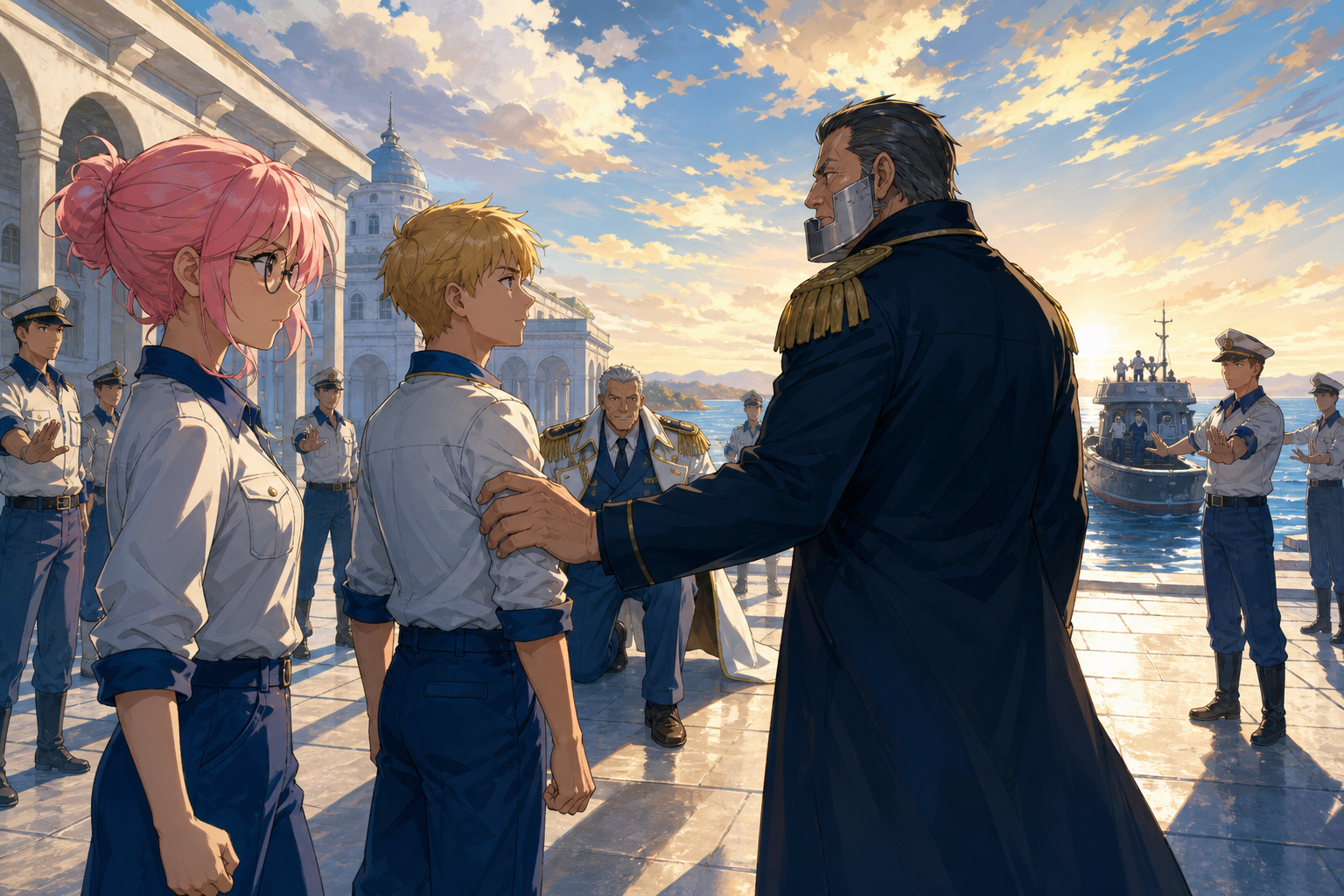 Coby and Helmeppo face Morgan in a sunrise Marine courtyard while Garp and trained officers establish a controlled hostage-rescue perimeter near the harbor