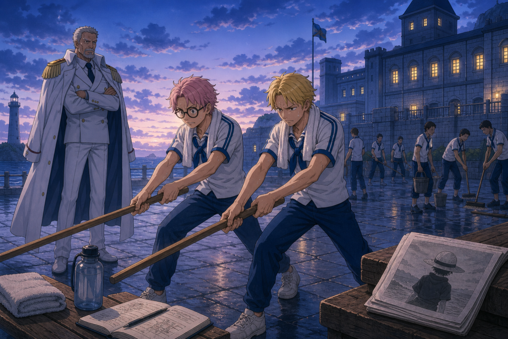 Coby and Helmeppo practice controlled staff footwork in a predawn Marine headquarters yard while Garp observes beside water, towels, and a training journal