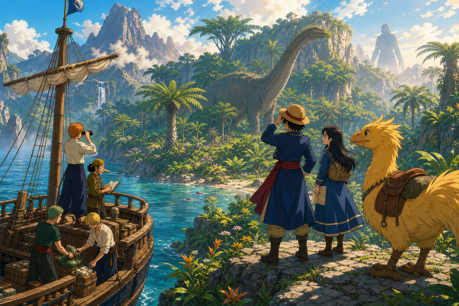 Luffy, Vivi, and Karoo observe a gentle long-necked dinosaur from a safe Little Garden overlook while the crew prepares an expedition and a distant giant stands in the mist