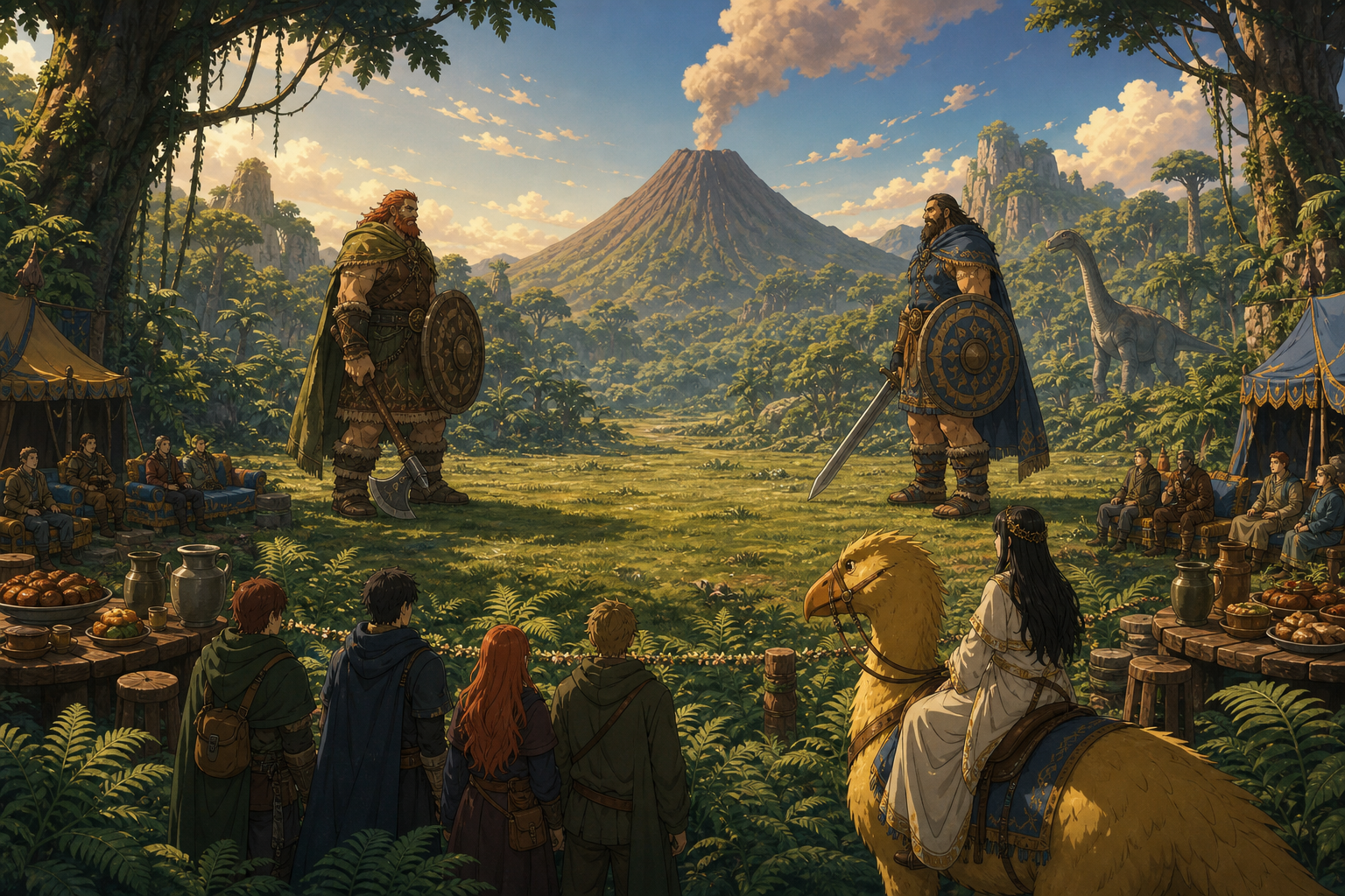 Dorry and Brogy stand at a safe ceremonial distance beneath Little Garden’s signaling volcano while the Straw Hats, Vivi, and Karoo watch from a marked boundary