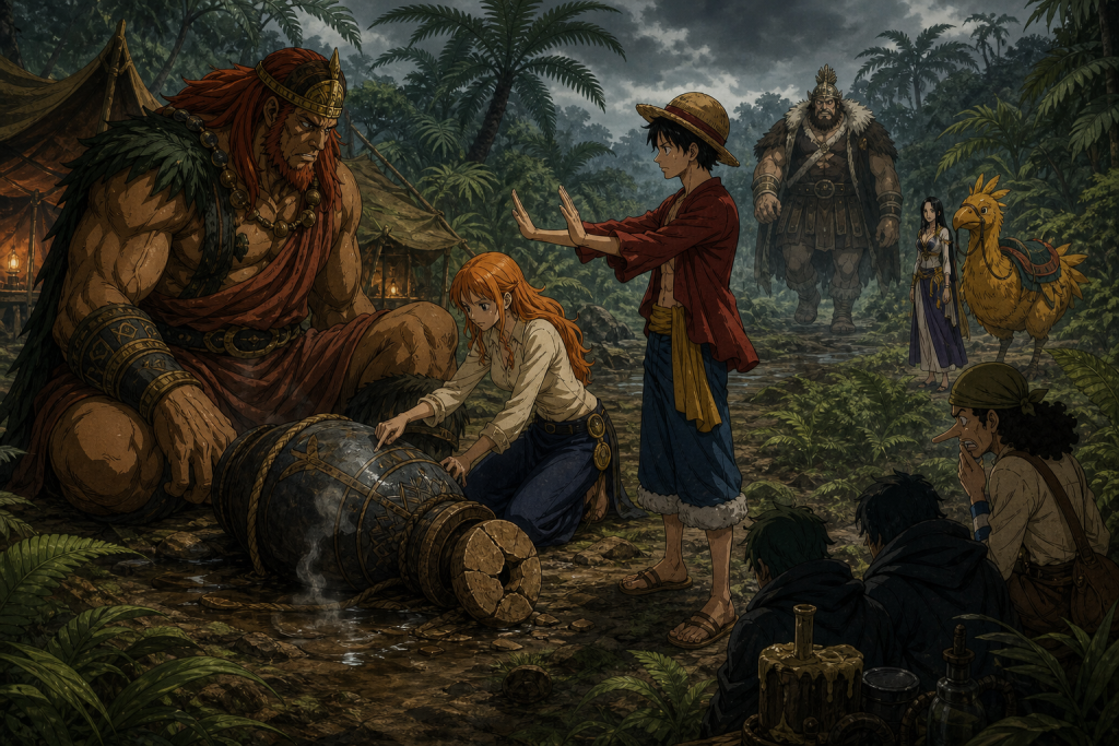 Luffy de-escalates beside injured Dorry while Nami preserves a sabotaged drinking vessel, Brogy approaches with concern, and hidden agents watch from Little Garden’s jungle