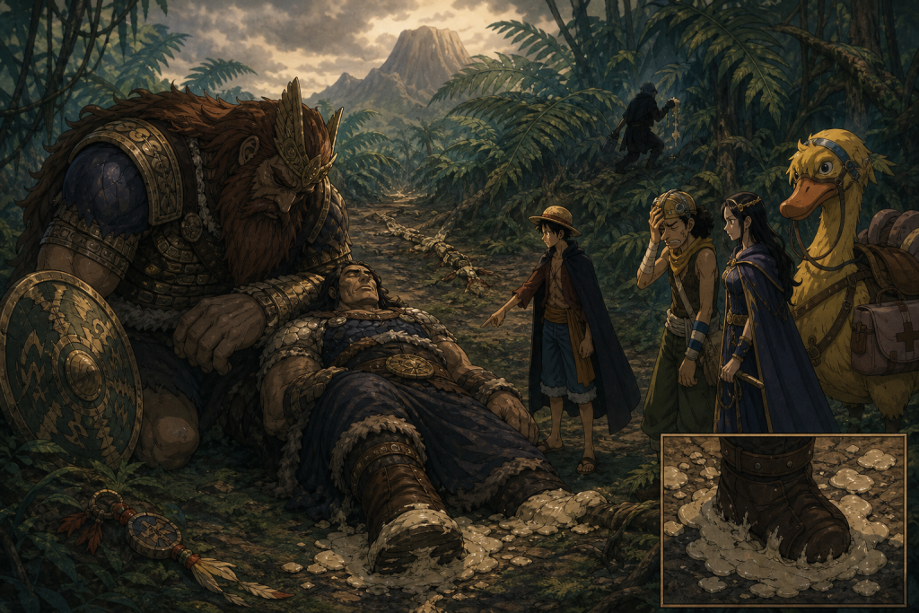 Brogy grieves beside resting Dorry as Luffy identifies wax around the trapped boot, Vivi and Karoo prepare medical support, and a hidden agent retreats into Little Garden