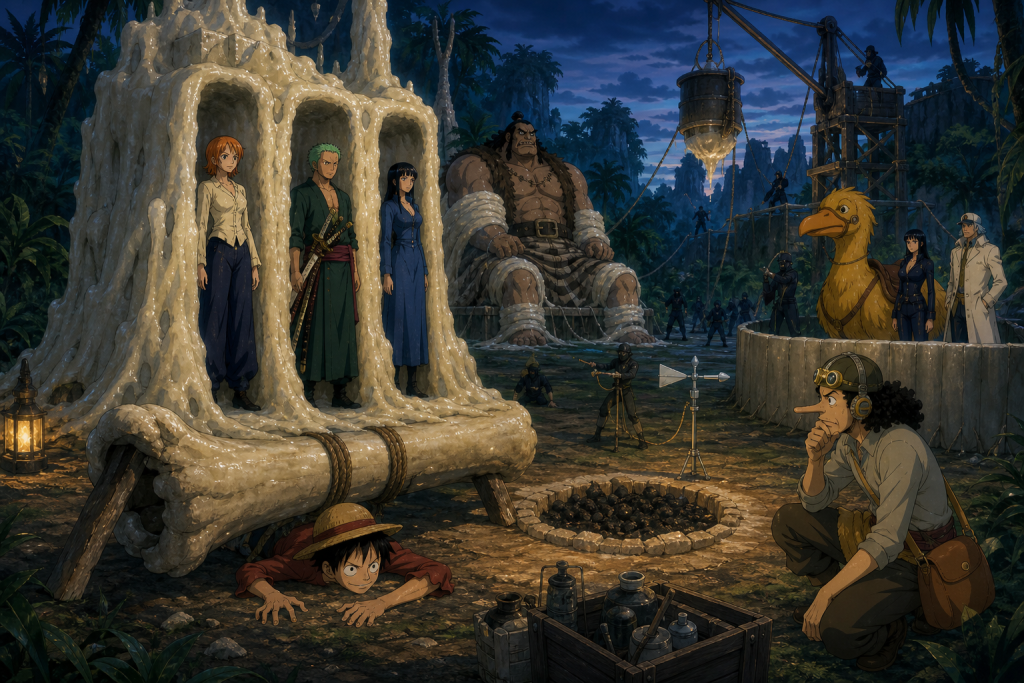 Nami, Zoro, and Vivi stand safely in open wax restraints while Brogy, Luffy, Usopp, and Karoo remain visible across a mapped Little Garden rescue scene