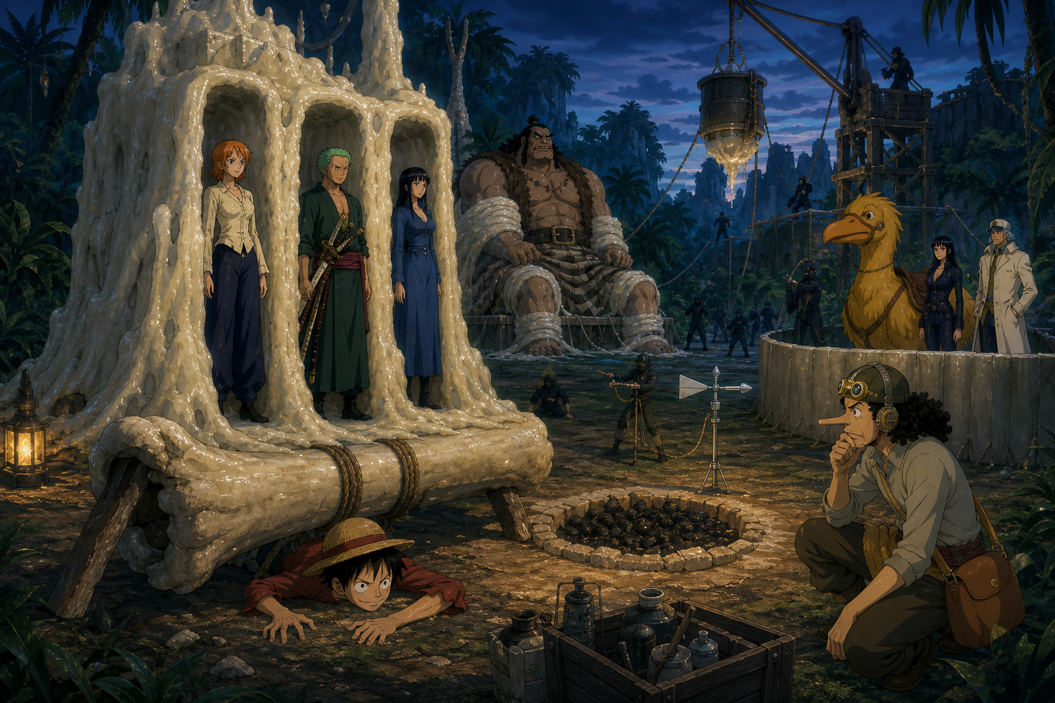 Nami, Zoro, and Vivi stand safely in open wax restraints while Brogy, Luffy, Usopp, and Karoo remain visible across a mapped Little Garden rescue scene