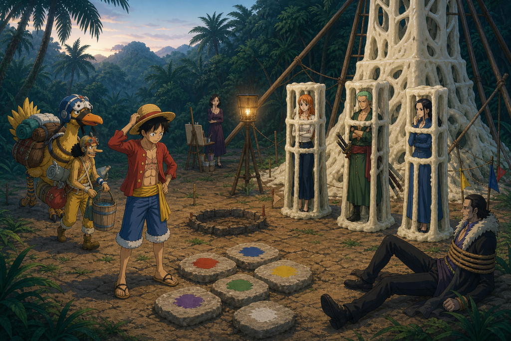 Luffy hesitates before abstract color marks while Usopp and Karoo regroup with rescue supplies and Nami, Zoro, and Vivi remain safely visible in open wax restraints