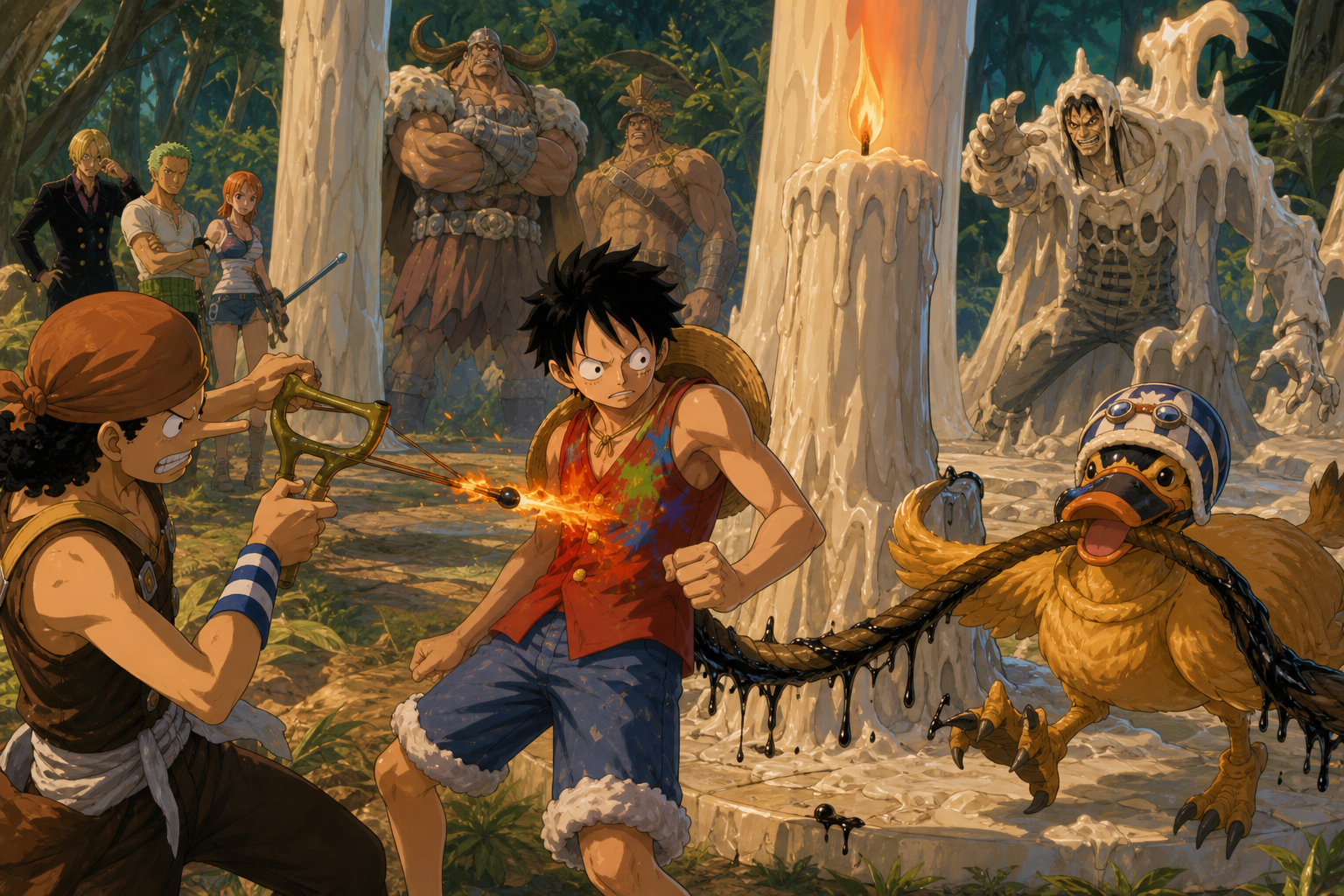 Usopp fires a controlled flaming shot toward a color mark on Luffy while Karoo carries a rescue rope around the giant wax structure in a jungle clearing