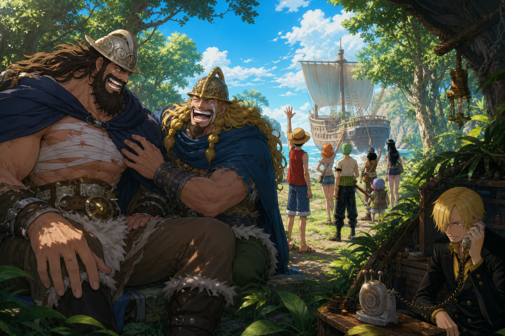Dorry and Brogy reunite alive in a sunlit jungle while the Straw Hat crew prepares to depart and Sanji answers a transponder snail in a hidden shelter