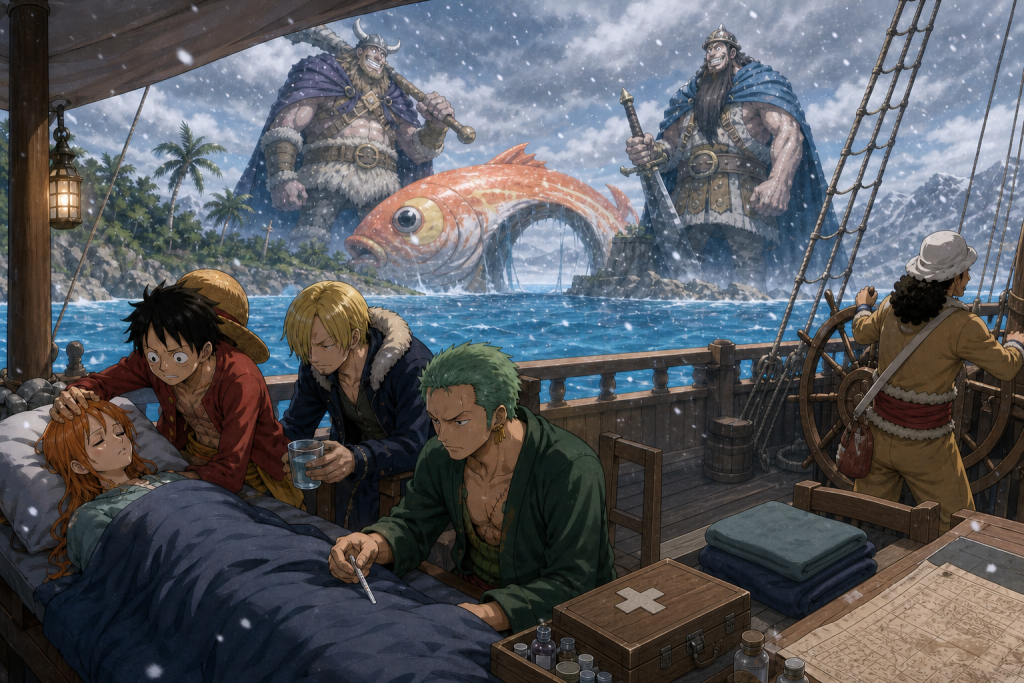 The Straw Hats care for feverish Nami under warm blankets on the snowy Going Merry while the ship turns toward medical help and two giants stand beyond Island Eater