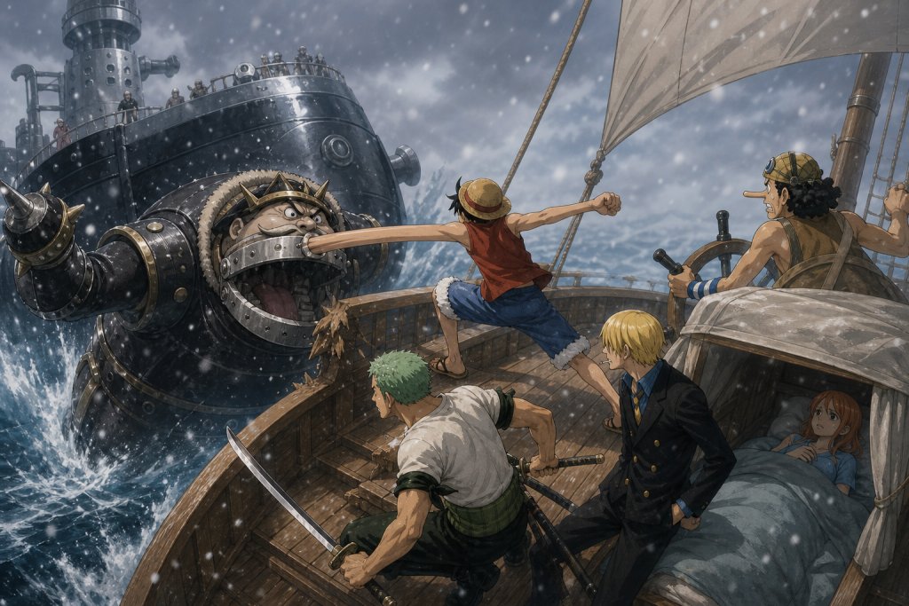 Luffy drives Wapol away from the snowy Going Merry while Usopp steers, Zoro and Sanji defend the deck, and feverish Nami remains protected under blankets