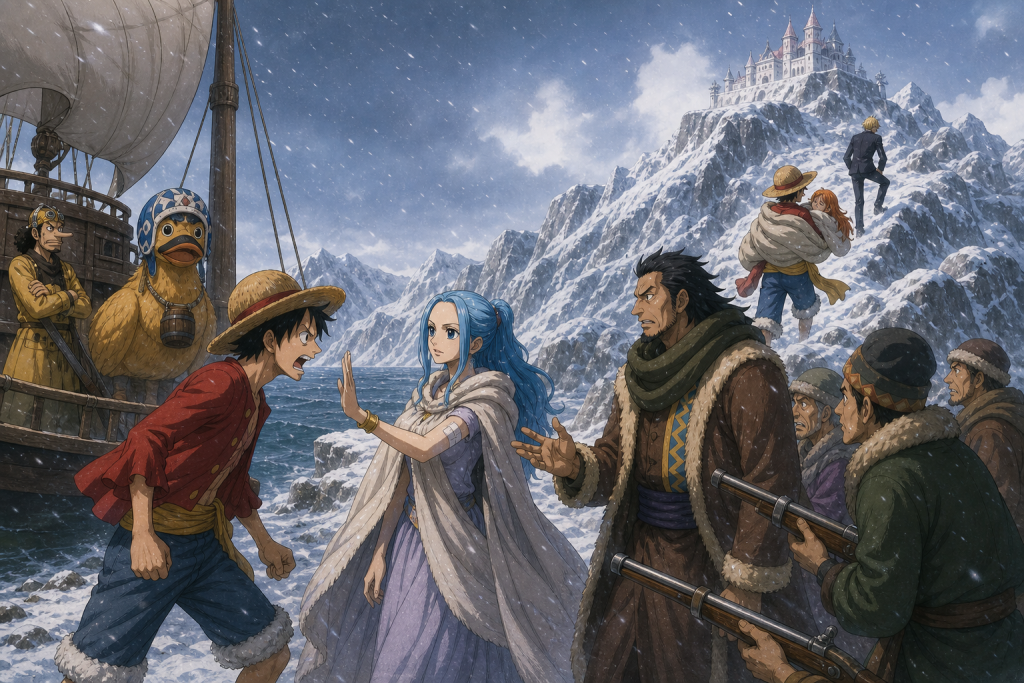 Vivi calmly de-escalates an armed snowy shoreline after receiving a bandaged arm injury while Luffy carries Nami and Sanji climbs beside them toward a distant mountain castle