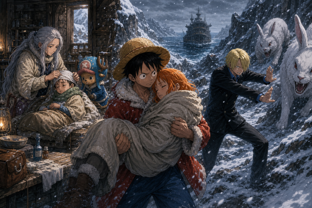 Luffy carries feverish Nami through a snowy mountain pass as Sanji protects them from giant rabbits while Kureha treats a child with Chopper beside her