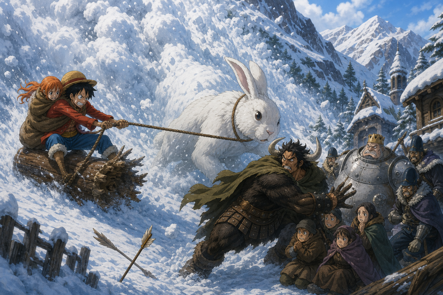 Luffy carries Nami on an improvised log sled while rescuing a parent Lapahn from an avalanche as Dalton shields Big Horn residents from Wapol's forces