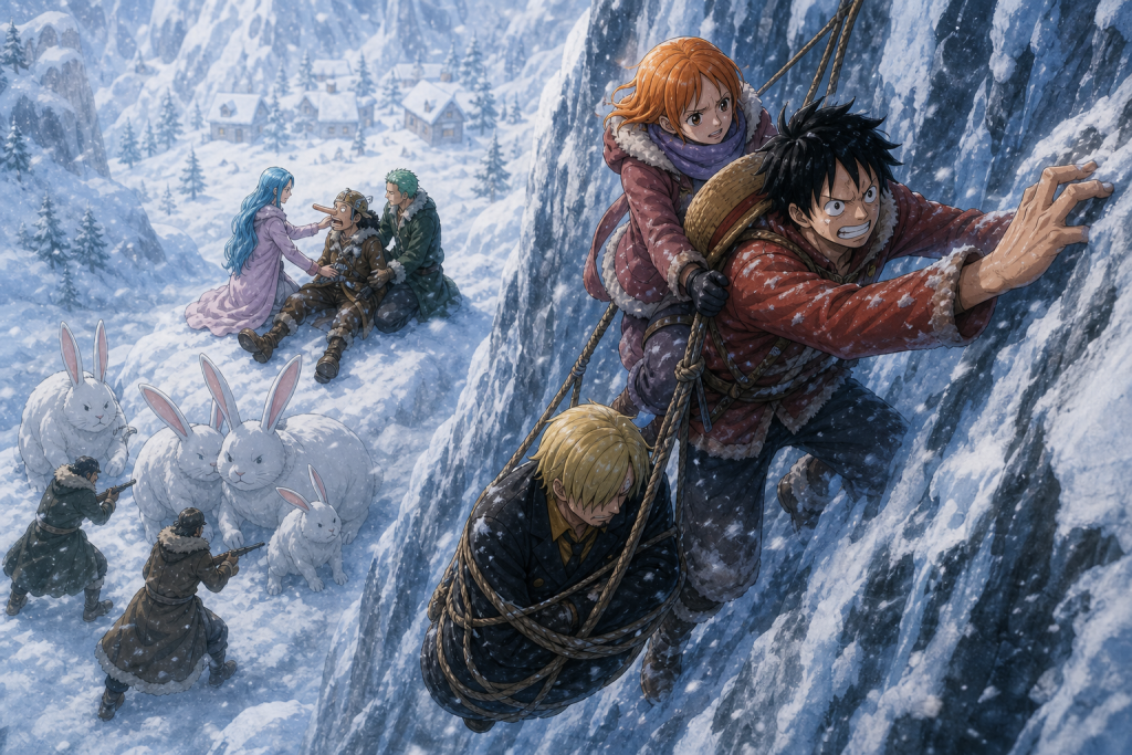 Luffy climbs Drum Rock with Nami secured on his back and Sanji supported in a rope sling while Lapahn protect the route and Vivi reunites with Usopp and Zoro below