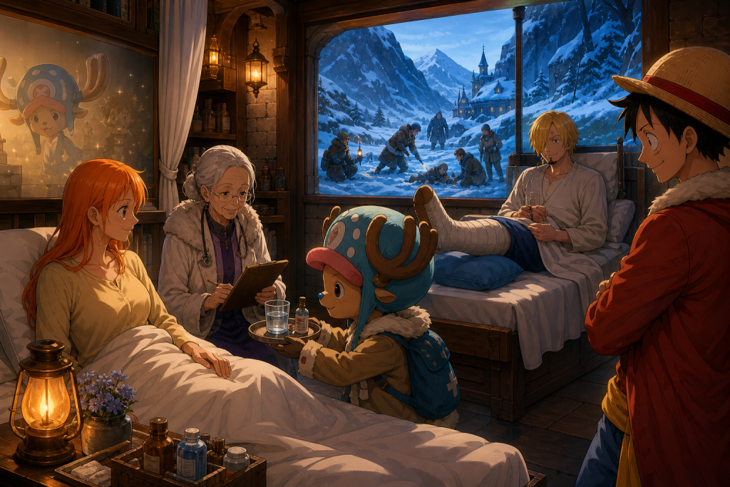 Chopper offers medical supplies to recovering Nami in Kureha's warm clinic while Sanji rests with a supported cast and Luffy watches respectfully
