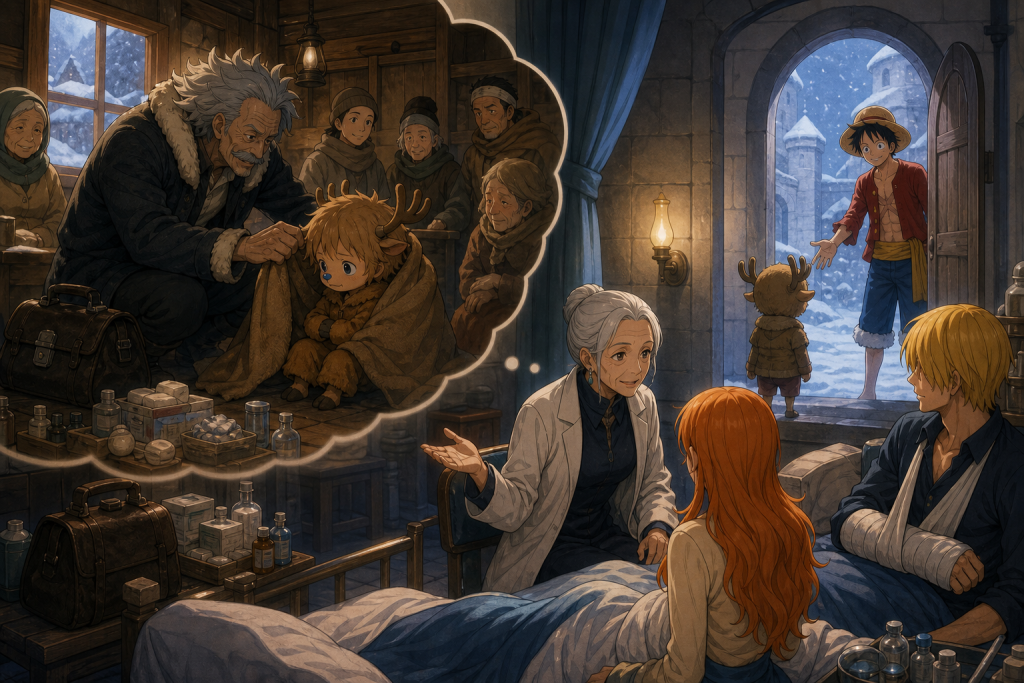Hiriluk wraps a blanket around young Chopper while caring for villagers as Kureha tells Nami and Sanji the story and Luffy offers Chopper a respectful open hand