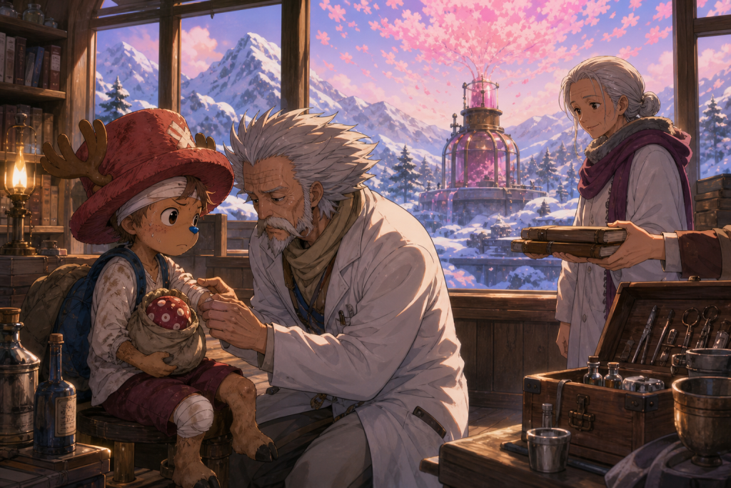 Hiriluk gently bandages young Chopper after his mountain search while Kureha receives research notebooks and a safe apparatus releases pink blossom color over winter peaks