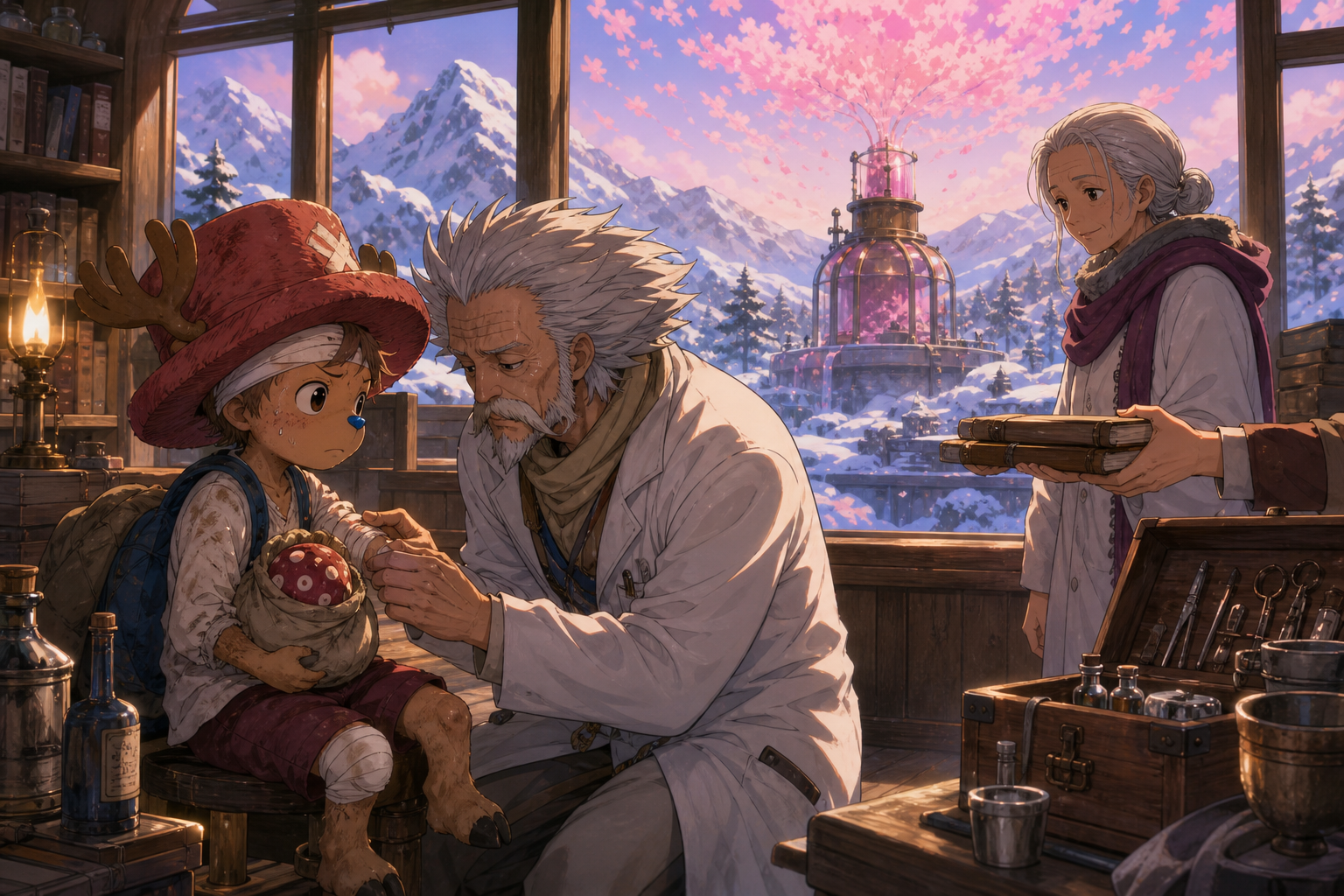 Hiriluk gently bandages young Chopper after his mountain search while Kureha receives research notebooks and a safe apparatus releases pink blossom color over winter peaks