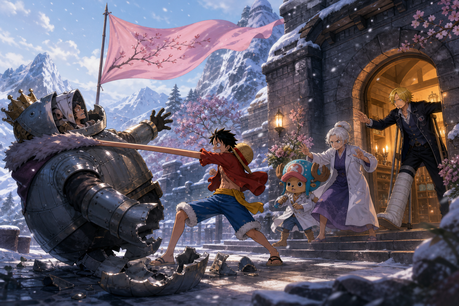 Luffy drives armored Wapol away from the snowy castle clinic while Kureha and Chopper defend the entrance beneath a pink cherry-blossom memorial banner