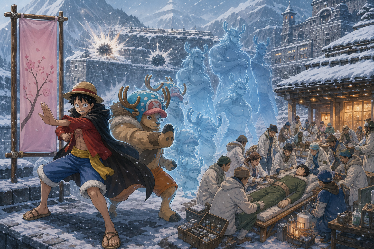 Luffy protects a pink cherry-blossom memorial banner beside Chopper and his controlled transformation silhouettes while the Isshi-20 treat Dalton in Big Horn
