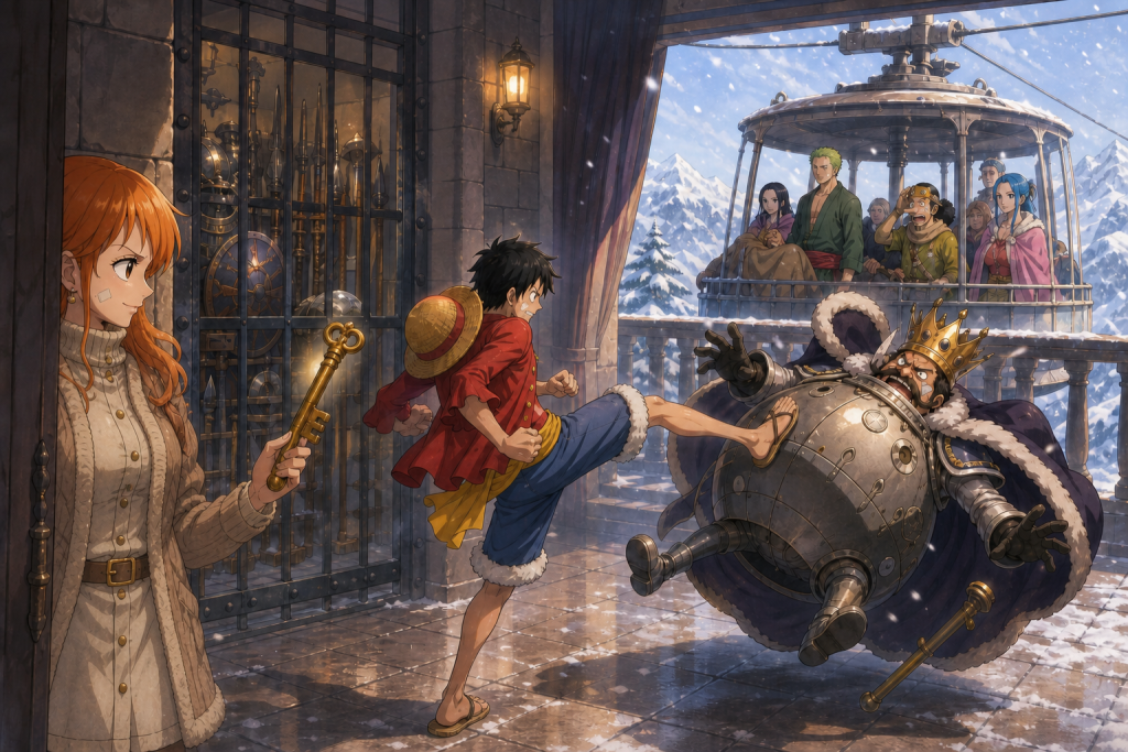 Nami holds the armory key safely while Luffy drives Wapol away and revived Dalton arrives by ropeway with residents