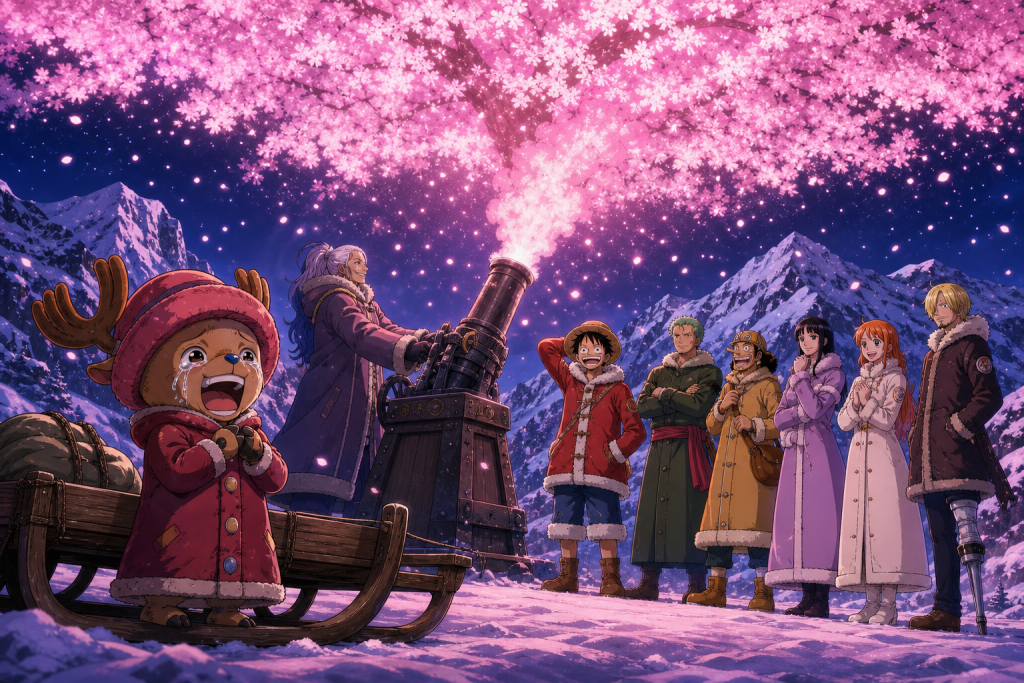 Chopper cries beside a sled as Kureha fills the snowy Drum Rockies with Hiriluk's luminous pink cherry blossoms
