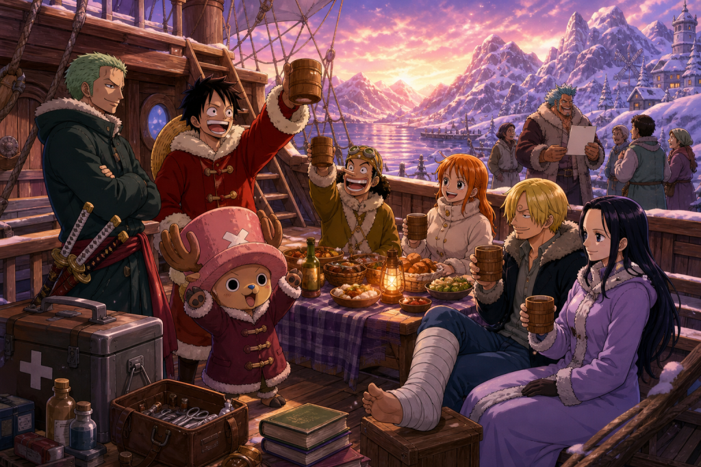 Chopper celebrates beside his packed medical cases aboard the Going Merry as Hiriluk's blossoms glow over Drum Island