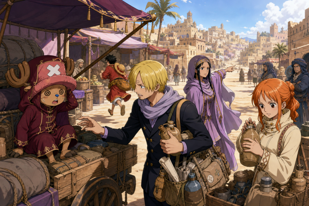 Heat-struck Chopper boards a rebel supply cart as Sanji carries water and Vivi directs the crew toward Yuba in Nanohana