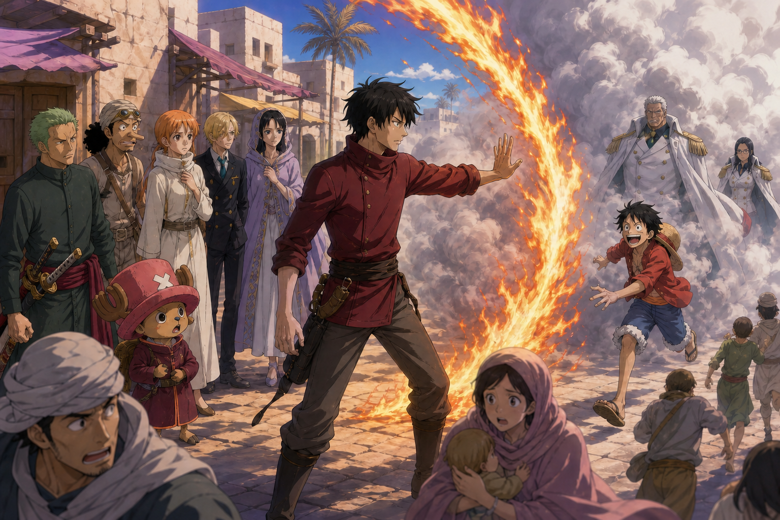 Ace creates a controlled fire barrier between the Straw Hats and Smoker's smoke while civilians leave a Nanohana street