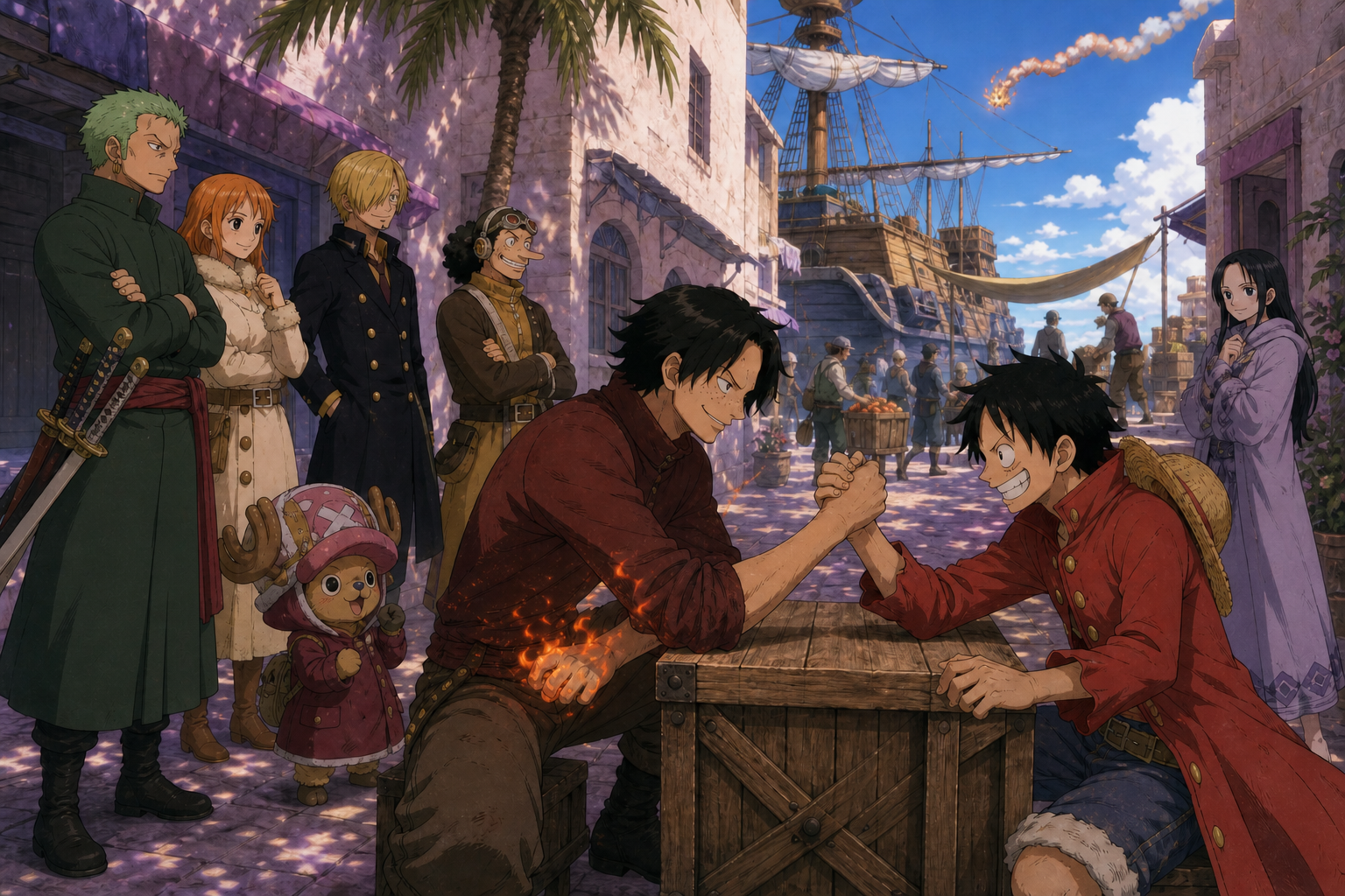 Ace and Luffy arm wrestle in a shaded Nanohana courtyard while their crew watches and desert supplies are loaded aboard the Going Merry
