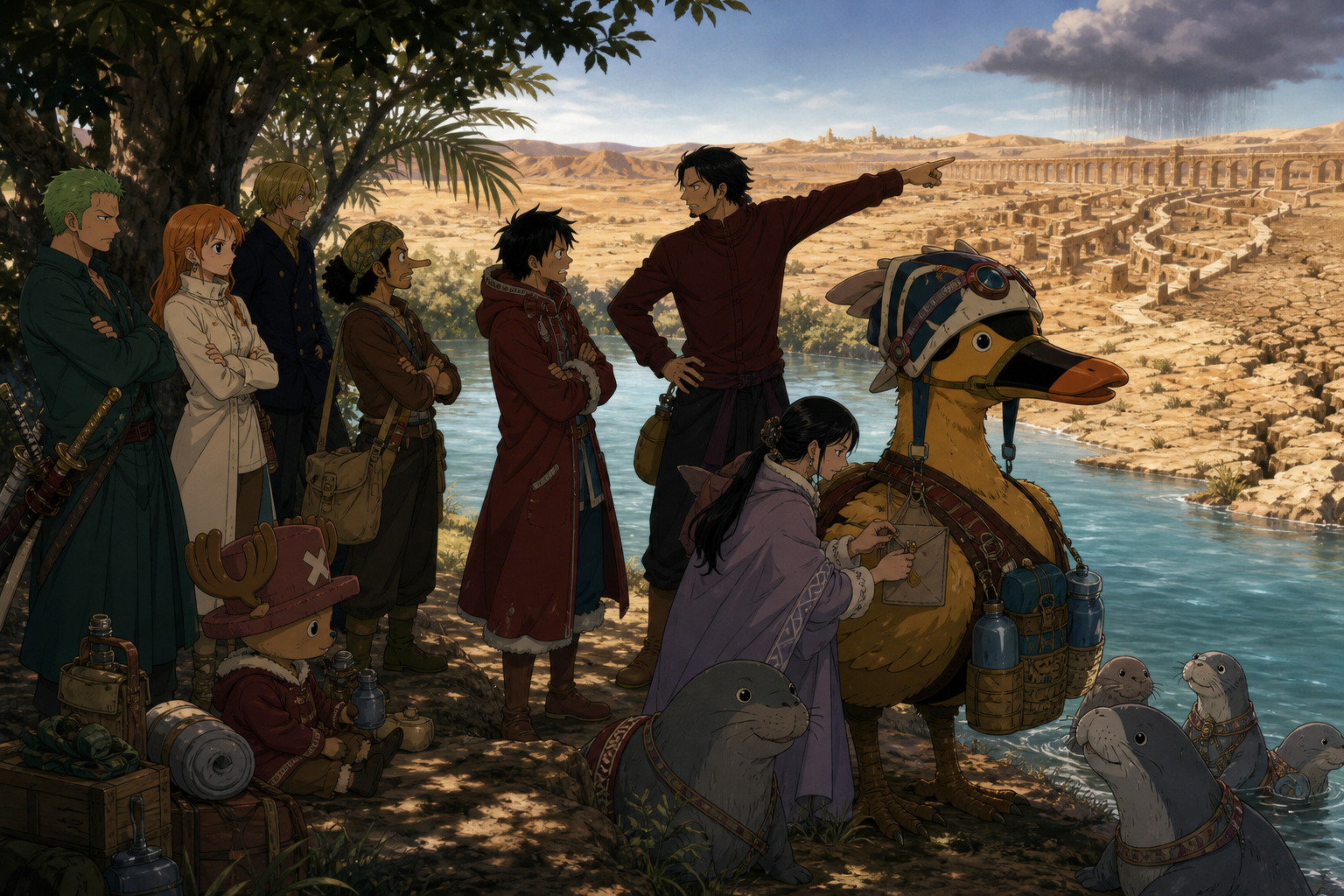 Vivi secures a letter to Karoo beside the Sandora River while Ace explains Alabasta's stolen rain and Kung-Fu Dugongs gather nearby