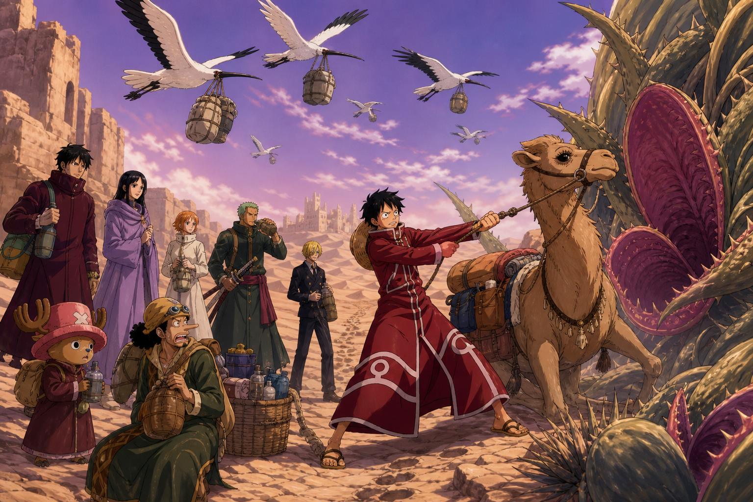 Luffy pulls the camel Eyelashes away from a giant desert plant while Warusagi birds carry off sealed supplies above the crew