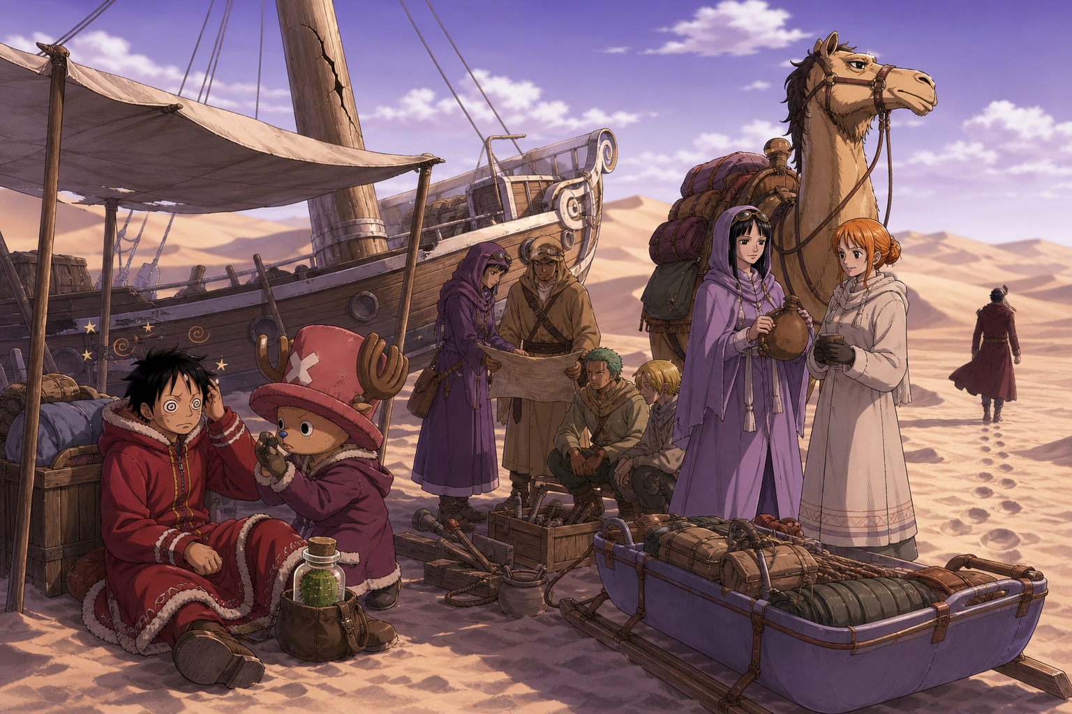 Chopper assesses a cactus-intoxicated Luffy beside the Barubaru desert pirates’ cracked mast while Vivi and Rasa plan a timber trip
