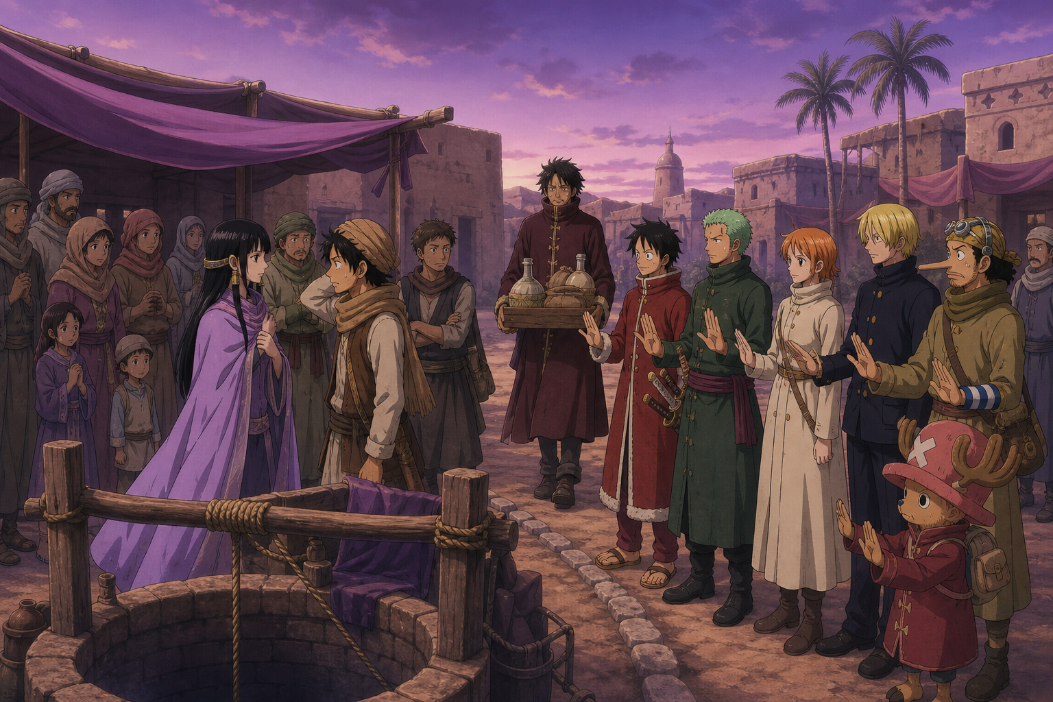 Vivi confronts Camu beside Ido’s protected well while the Straw Hats hold a nonviolent marked boundary and Ace returns with water