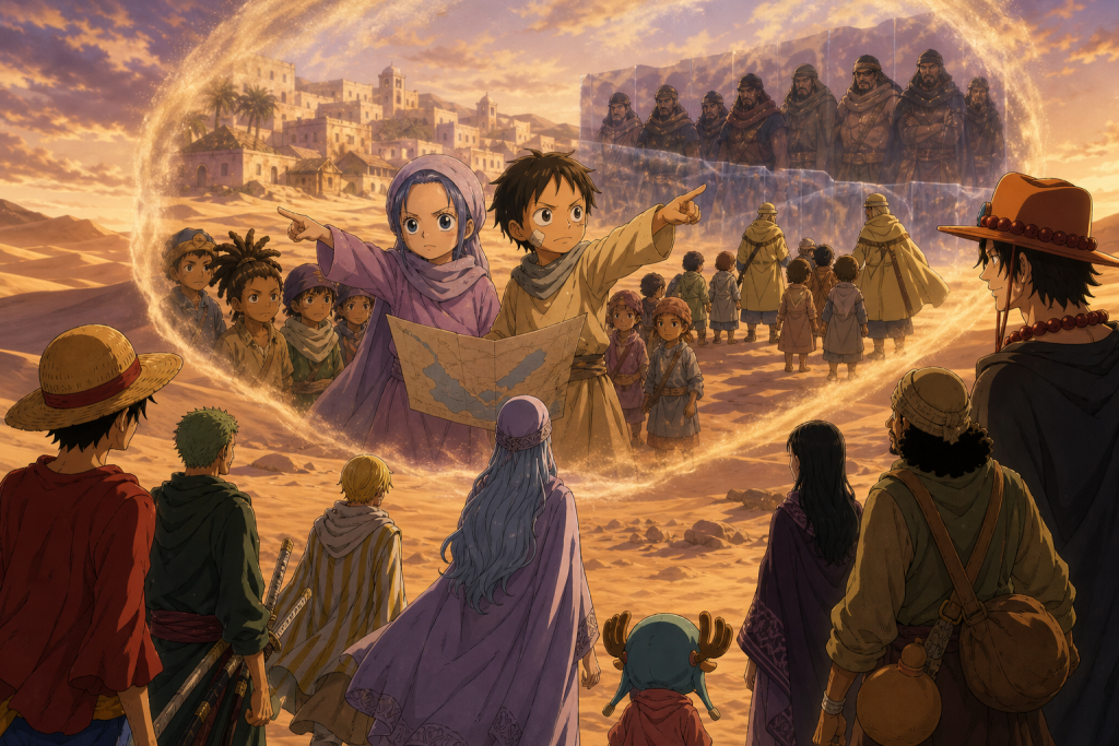Young Vivi and Koza lead the Sand-Sand Clan with a shared map while guards protect children from distant bandits in a desert memory
