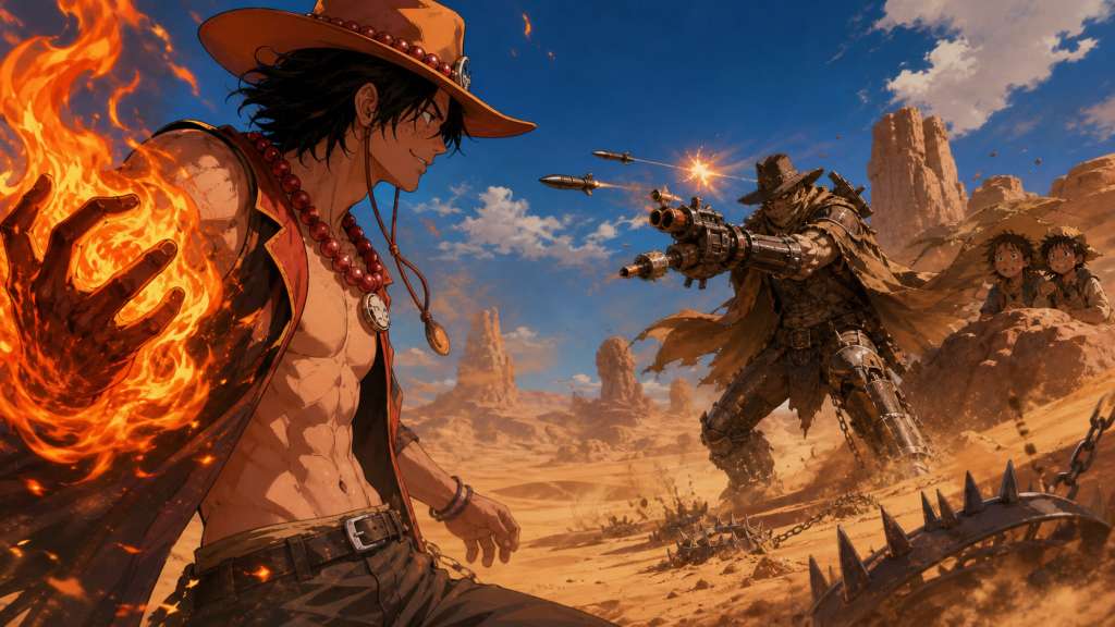 Ace faces the bounty hunter Scorpion across a heat-shimmered desert while Chip and Dip watch their father from rocky cover
