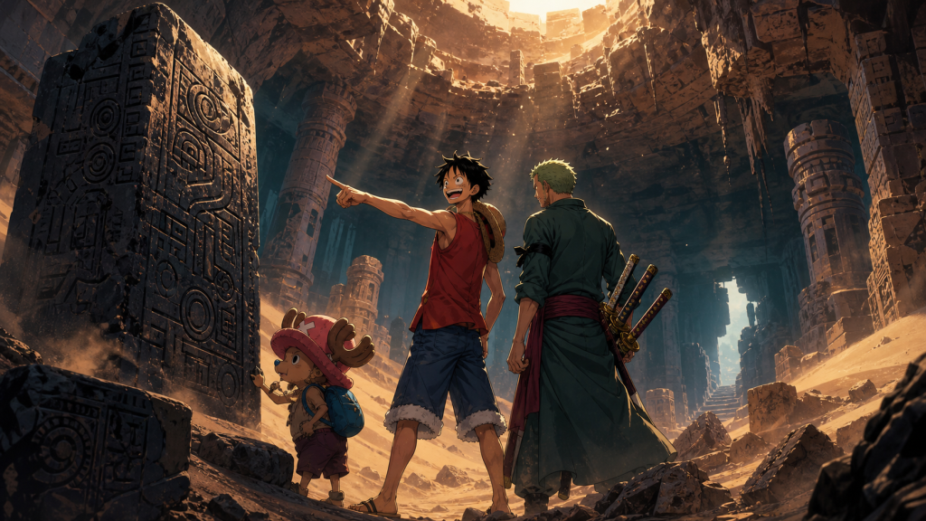 Luffy, Zoro, and Chopper explore buried desert ruins beside an anime-only inscribed stone under shafts of sunlight