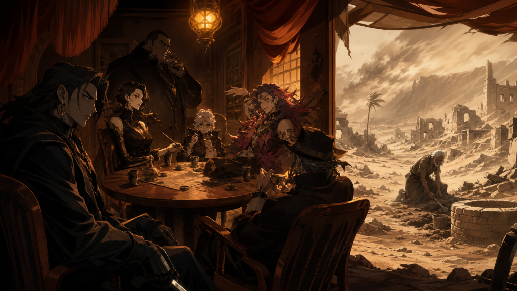 Baroque Works officer agents gather inside a shadowed desert cafe while Toto digs alone for water in ruined Yuba outside