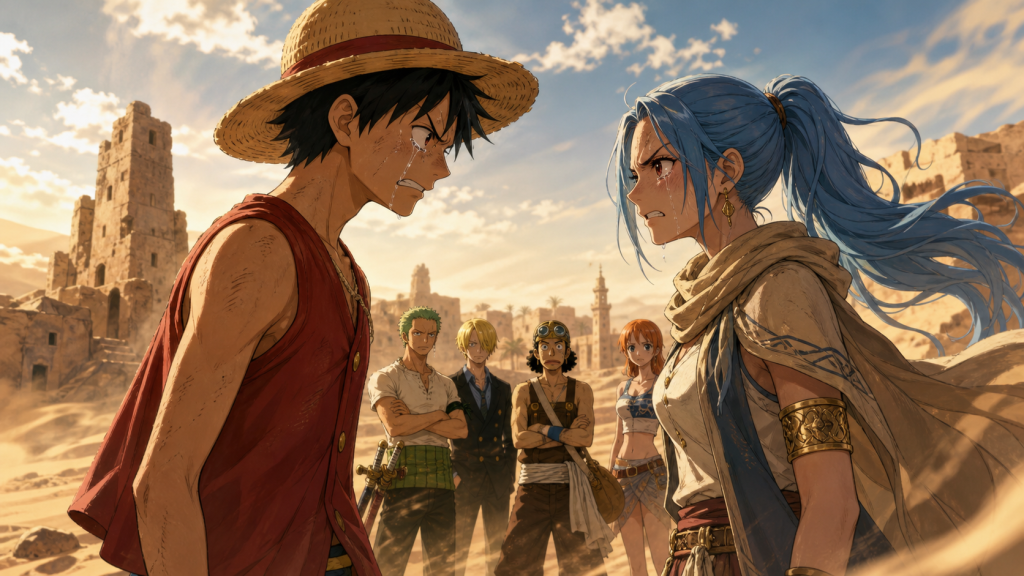 Luffy and Vivi confront each other through tears in ruined Yuba while the Straw Hats witness their argument about shared risk
